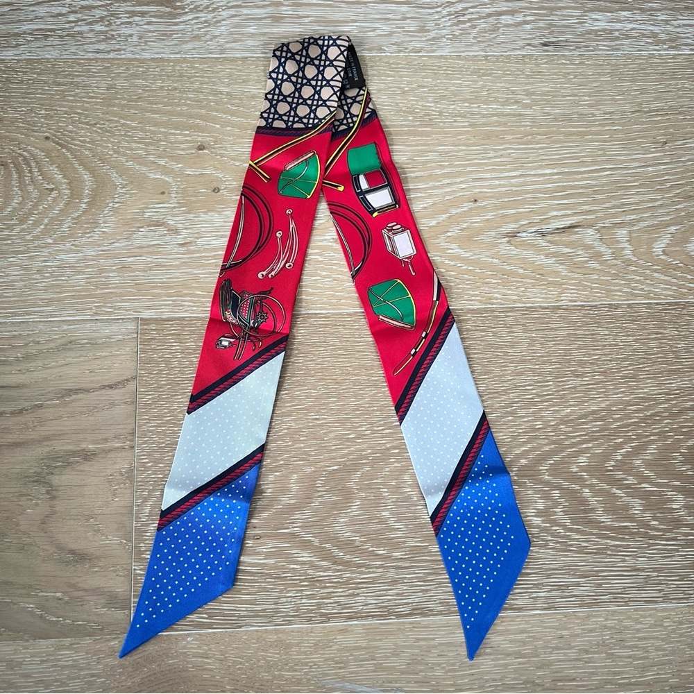 Hermes Twilly Silk Scarf Les Voitures a Transformation Blue Red NWOT Authentic